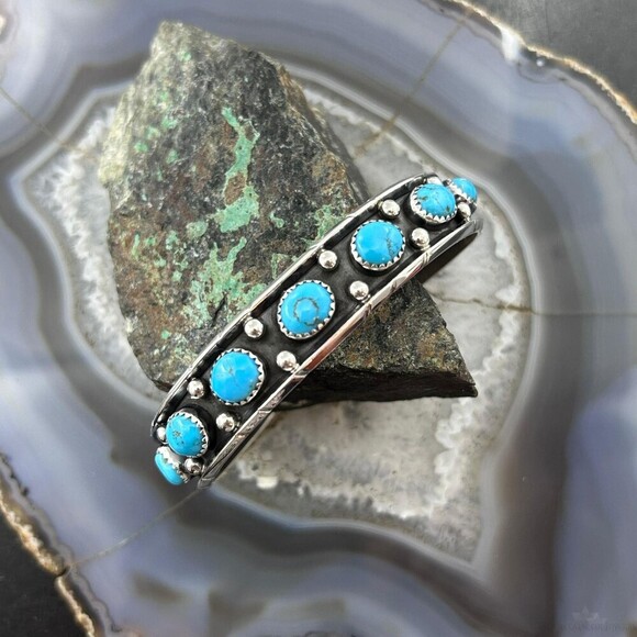 Reed Charley Native Americn Sterling Silver Turquoise Row Bracelet For Women - Picture 2 of 10